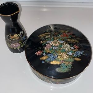 VINTAGE Japanese Black Porcelain Trinket Box with Saki Vase SET